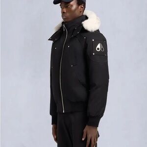 Moose Knuckles Black Puffer Jacket with White Fur Trim